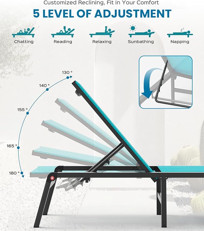 Chaise Lounge Outdoor, Foldable Aluminum Pool Lounge Chairs with 5 Positions Recliner - Free Assembly - Patio Chaise Lounge Chair for Poolside, Beach, Yard (Lakeblue)