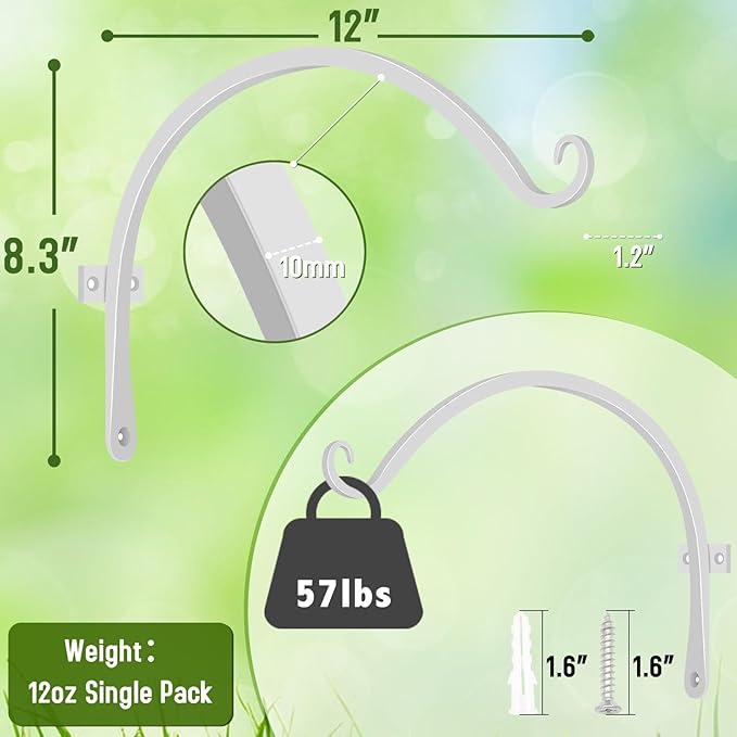 FEED GARDEN 2 Pack 12 Inch Hanging Plant Bracket Wall Hooks Decorative Plant Hangers for Outdoor Hanging Bird Feeders, Wind Chimes, Plant Baskets, White