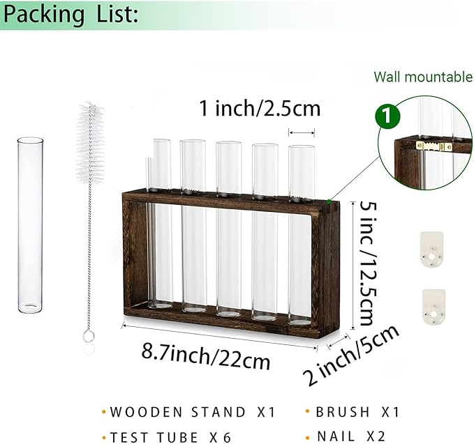Ivolador Plant Propagation Station Terrariumin Wall Test Tube Vases Bud Tabletop Glass Wooden Stand with 5 Propagation Tubes for Propagating Hydroponic Plants Home Garden Wedding Decoration-Brown