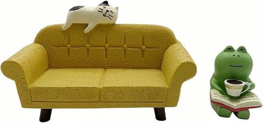 Miniature Figurines Set - Cute Frog & Cat with Mini Sofa, Tiny Desk Decor Accessories for Home Office Bedroom Shelf Table Garden Decoration