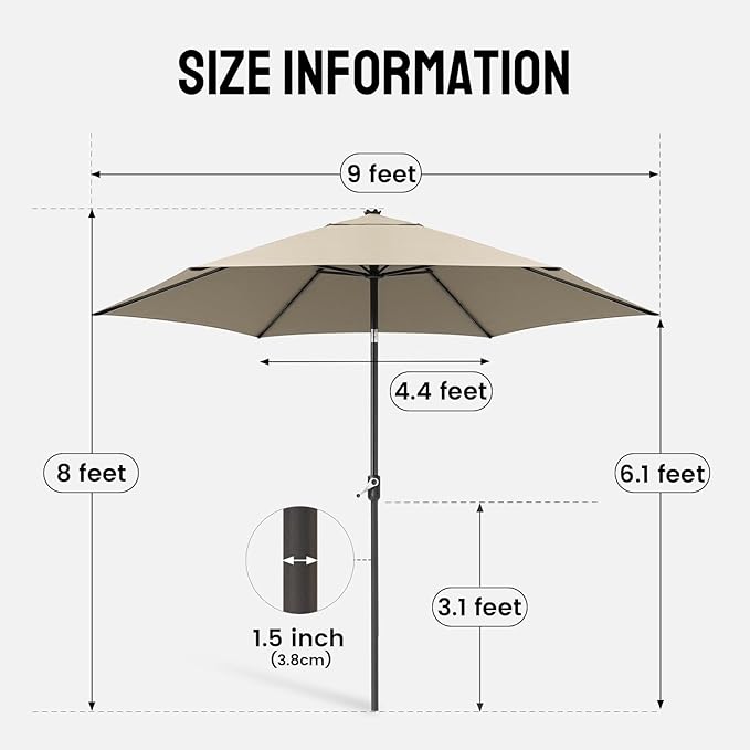 CROWN SHADES 9 Ft Patio Umbrella - Polyester Outdoor Umbrella with 30° Push Button Tilt, Patented Edge Connection Windproof Design for Patio, Pool, Garden & Table, UV Resistent