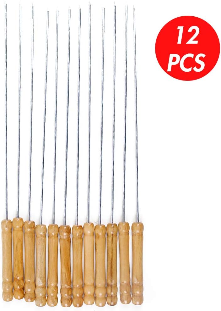 HAKSEN 12 PCS Barbecue Skewers with Wood Handle Marshmallow Roasting Sticks Meat Hot Dog Fork Best for BBQ Camping Cookware Campfire Grill Cooking, Stainless Steel,11.7 Inches(Including Handle)