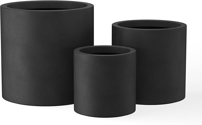 Kante 9.8",12.6",15.7" Dia Round Concrete Planter Set of 3, Modern Style Large Cylindrical Plant Pot with Drainage Hole and Rubber Plug for Indoor Outdoor Patio, Black