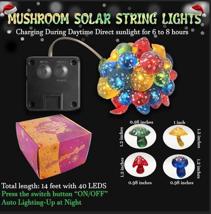Enchanting 3D Mushroom Solar String Lights - 14ft 40 LED Mushrooms Lights for Outdoor Décor-Solar Fairy Lights for Outside Garden Christmas Spring Summer Décor Balcony Patio Railing Fence
