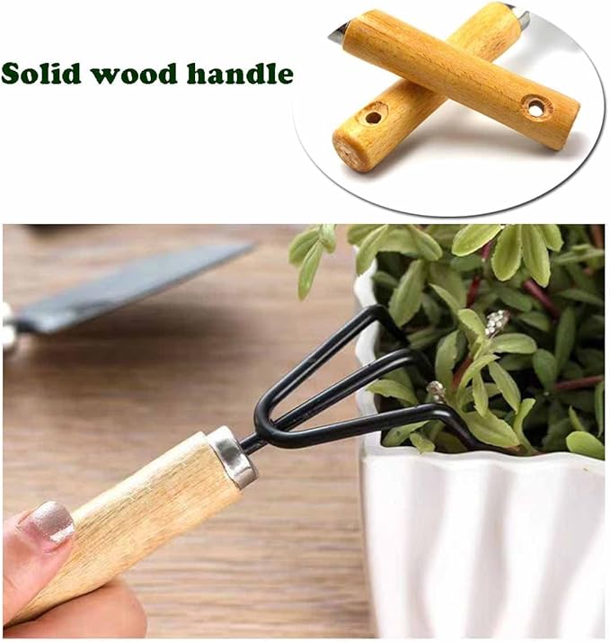 3 Pieces Garden Tools Set-Garden Rake Trowel, Gardening Tools with Wood Handle,Iron Crafts Gardening Work Kit with Solid Wood Ergonomic Handle Tools Succulent Gift Set Outdoor Gardening Tools(Black)