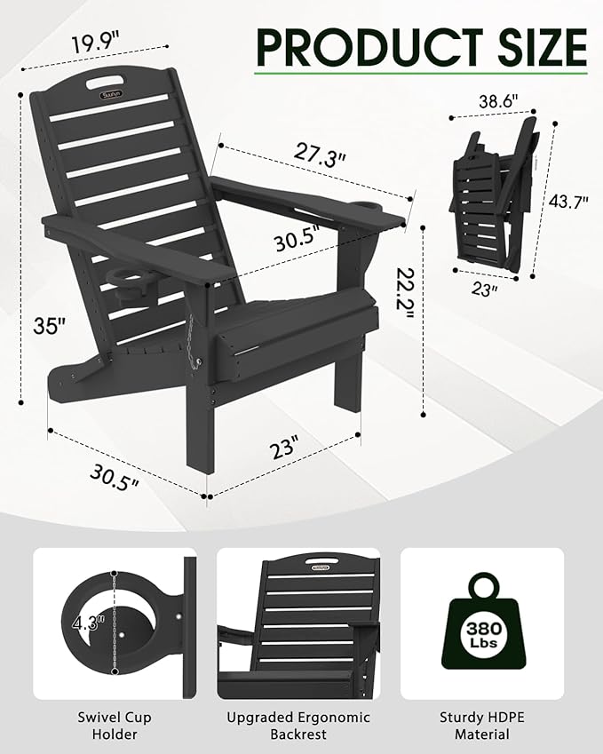 Folding Adirondack Chair HDPE All-Weather Adirondack Chairs with Cup Holder, Outdoor Fire Pit Chairs Lawn Chair for Deck Patio Garden (Black)
