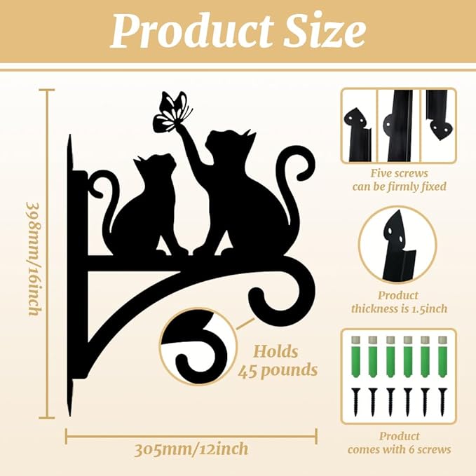 Peacoblue Iron Plant Hangers Hooks for Outdoor Indoor Hanging Plants Fern Pots, Lantern, Bird Feeder, Wind Chimes, 12”x14” Cat Weather Resistant Metal Wall Brackets Holder for Porch, Garden, Home(Cat)