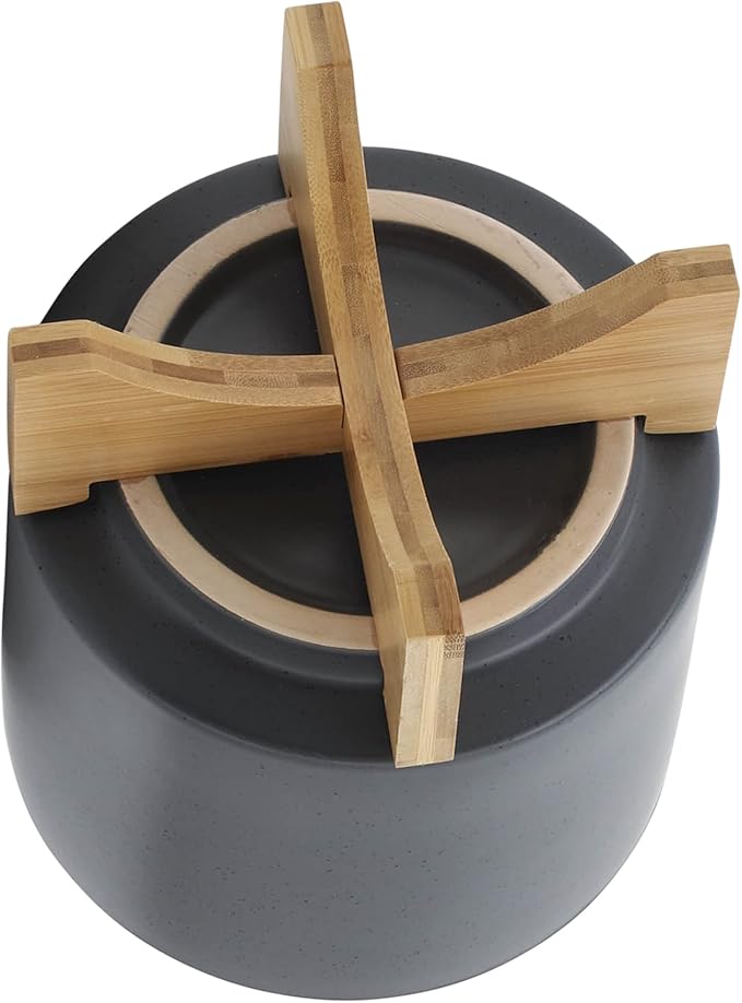 Sagebook Home 8" Ceramic Planter, Matte Gray Planter, Indoor/Outdoor Planter on Wooden Stand - Use for Succulent Pot, Plants, Flowers and More