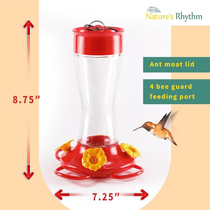 Nature's Rhythm Bird Feeder 4 bee Guard Plastic Yellow Flowers Feeding Port 8oz Glass Pinch Waist Hummingbird Feeder (2Pcs)