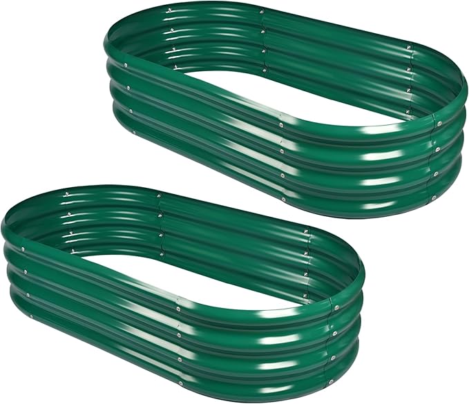 Land Guard 2Pcs Galvanized Raised Garden Bed Kit, 7.5×3×1ft Galvanized Planter Raised Garden Boxes Outdoor, Oval Large Metal Raised Garden Beds for Vegetables (Forest Green)