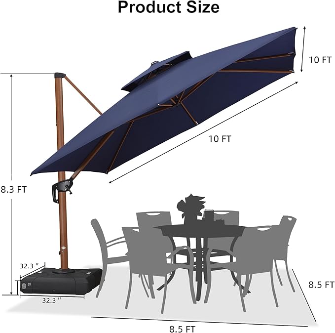 PURPLE LEAF 10ft Patio Umbrella with Base Outdoor Square Umbrellas Large Cantilever Umbrella Windproof Offset Umbrellas Heavy Duty Sun Umbrella for Garden Deck Pool Patio, Navy Blue