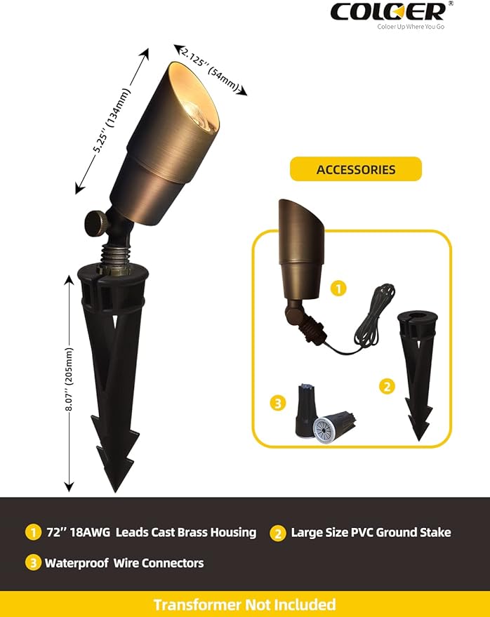 COLOER Die-cast Brass Low Voltage Spotlight, Outdoor Spot Lights for Yard,12V AC/DC LED Landscape Lighting Fixture, Directional Garden Patio Spot Up Light(Bronze, 1-Pack Without Bulb,101B)