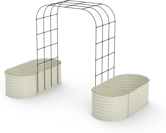 Galvanized Raised Garden Bed with 96" Tall Vertical Arch Trellis – Expandable Rust-Resistant Planter Box for Outdoor Plants, Flowers, Herbs & Vines – Includes Plant Clips, Drainage Netting,Beige