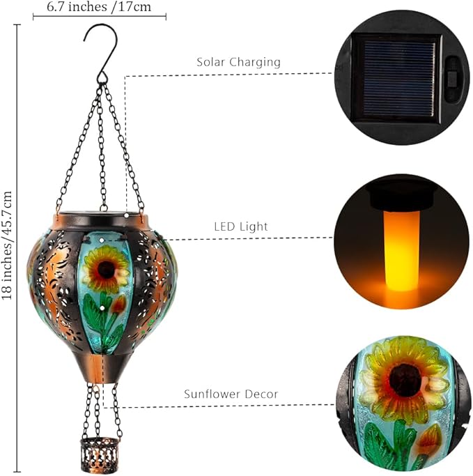 Starsoul Sunflowers Hot Air Balloon Solar Lantern Metal & Glass Solar Hot Air Balloon Hanging Garden Light Waterproof Outdoor Lantern for Patio Yard Party Decorations
