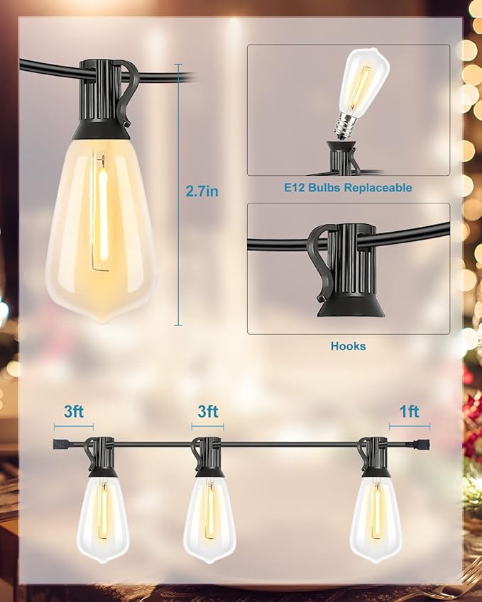 Lightdot 300FT Outdoor String Lights, LED Bistro String Lights with Shatterproof ST38 Vintage Bulbs, 2200K Dimmable, Waterproof Hanging Lights for Porch, Deck, Garden, Backyard, Balcony - ETL Listed