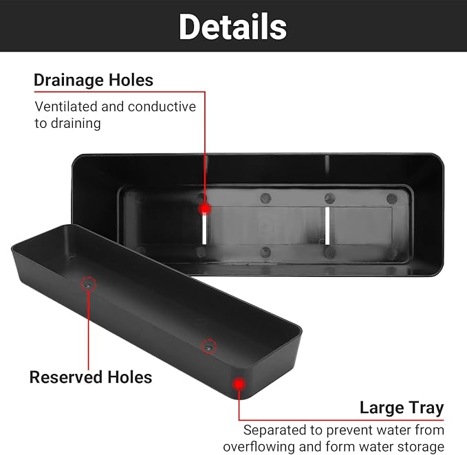GREANER 6 Pack Herb Planters, 12x3.8 Inch Black Rectangle Window Boxes with Tray, Indoor Succulent Cactus Mint Plastic Pot for Windowsill, Balcony, Office, Outdoor Garden
