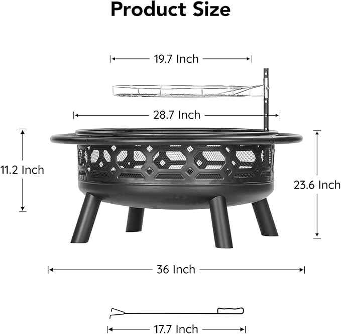 36 Inch Fire Pit, Outdoor Wood Burning Firepit with Removable Grill & Poker, Heavy Duty Metal Round Fireplace,2 in 1 Large Bonfire for Outside,BBQ,Yard,Patio