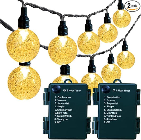 Battery Operated Globe String Lights - Indoor Outdoor String Lights Crystal Globe Lights 8 Modes 30 LED Patio Lights with Timer for Garden Balcony Pergola Party Decor, Warm White, 2 Pack