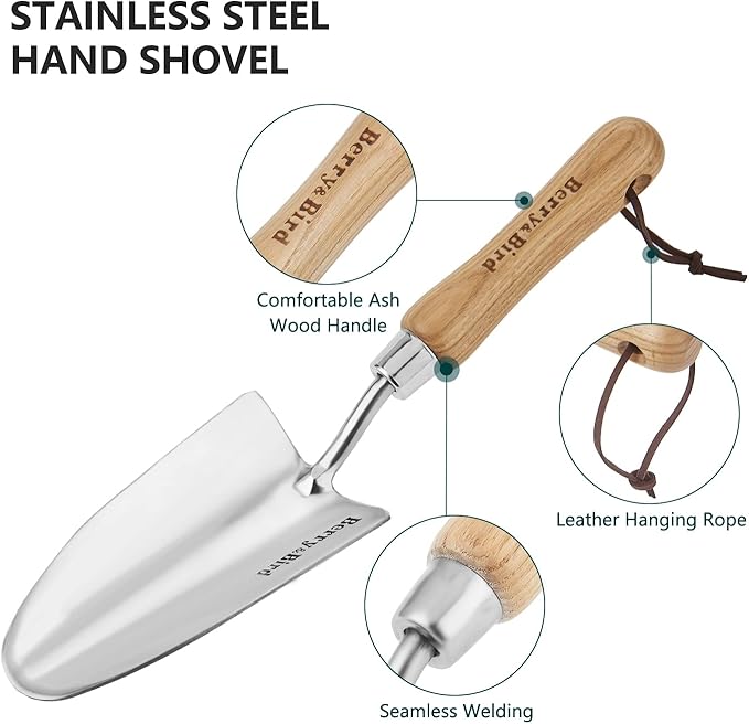 Stainless Steel Trowel, Garden Small Flower Hand Shovel, Potting Soils Scoop with Wood Handle, Gardening Bonsai Tools for Transplanting Digging Weeding Planting