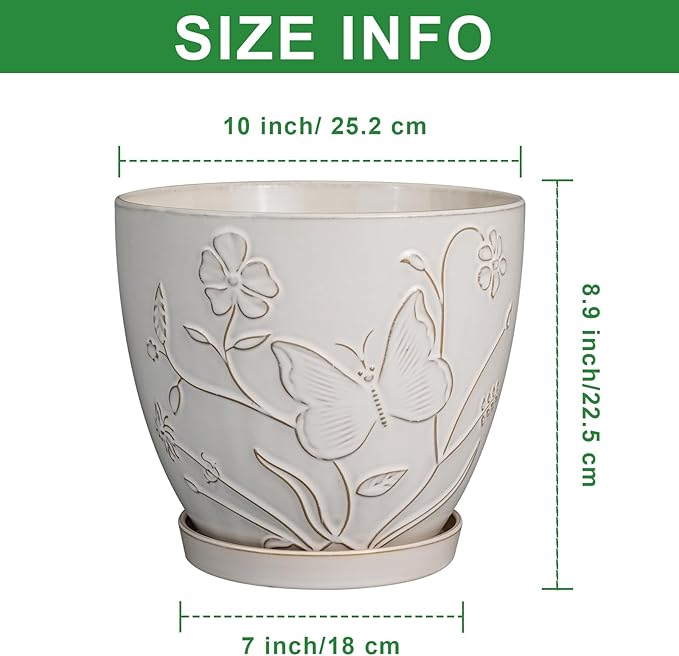 10 Inch Plant Pot Ceramic Planter Pot with Drainage Hole and Saucer Round Planter Large Flower Pot for Indoor Outdoor Plants Home Garden Decor White