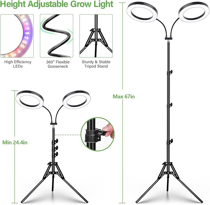 LORDEM Grow Light for Indoor Plants, Dual-Head Plant Light for Plants Growing, Full Spectrum Growth Lamp with Auto Timer for 4/8/12H, 4 Dimmable Levels, 144 LEDs, Height Adjustable Stand 24.4"- 67"