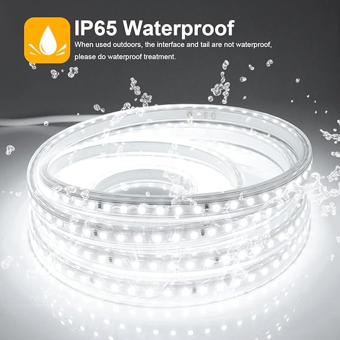 Outdoor LED Strip Lights,AC110V 65.6FT/20M LED Light Strip White,IP65 Waterproof 6500K Flexible LED Rope Lights for Patio Backyard Garden Kitchen Lighting(65.6FT, White)