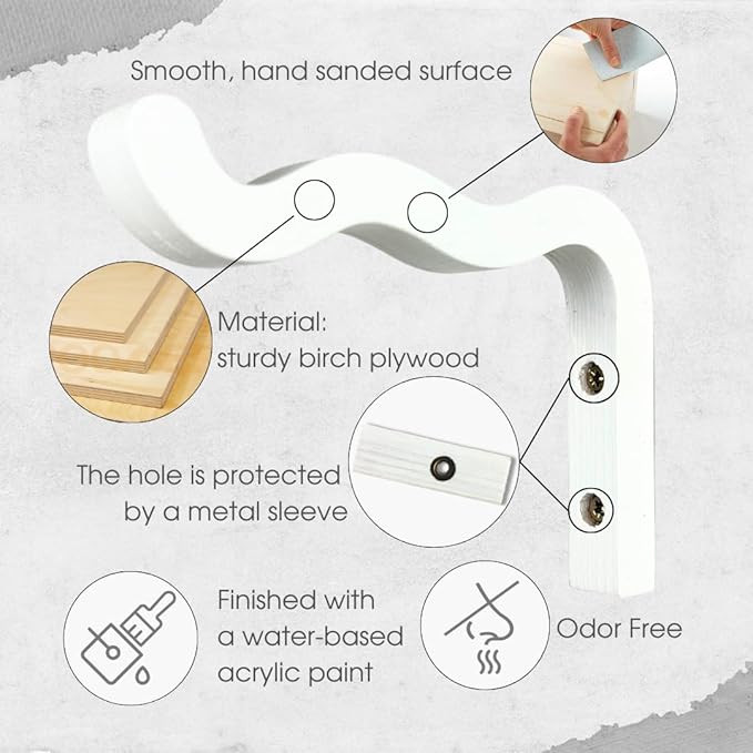 2-Piece Set of Wavy Wooden Wall Planters for Indoor Plants 6 Inch - Natural Plant Hook for Wall Plant, Wind Chimes, Flower Brackets, Patio Garden Decorations - Bracket Plant Hanger (White)