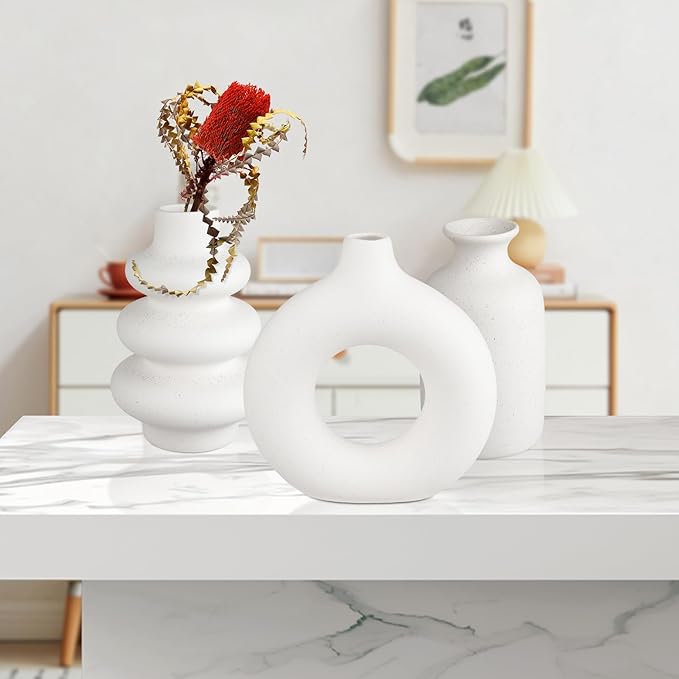 Ceramic Vase Set of 3, Small Flower Vase for Home Decor, Decorative Vases for Pampas Grass & Dried Flowers, Living Room, Bedroom, Bathroom, Shelf Centerpiece Table Decorations