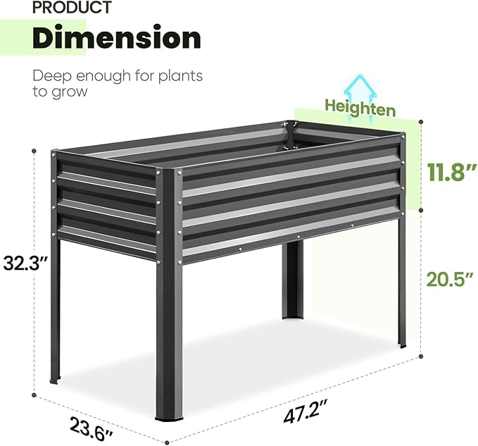 KING BIRD Large Raised Garden Bed with Legs Galvanized Elevated Planter Box 48×24×30 in for Backyard, Patio, Balcony, 400lb Capacity, Dark Grey