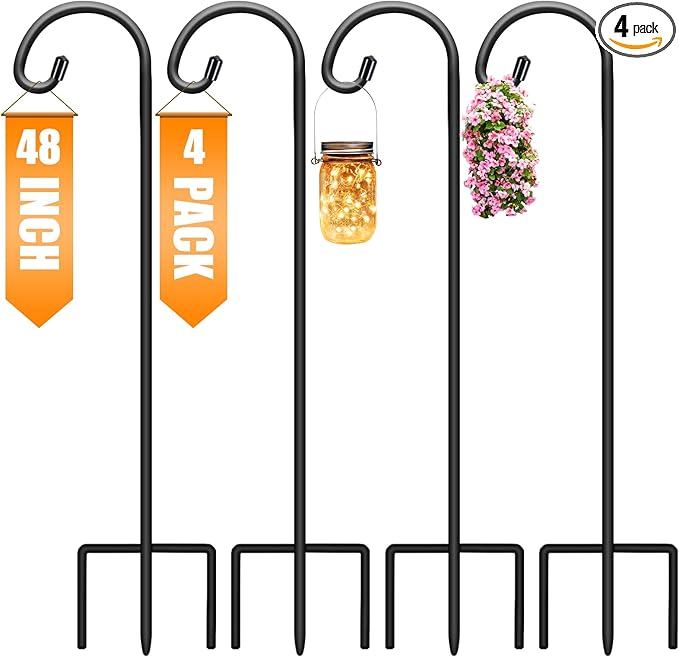 Gtongoko 48 Inch Shepherds Hooks for Outdoor 4 Pack Garden Hooks for Hanging Plants, Lanterns, Bird Feeders, Solar Lights, Mason Jars, Weddings Decor, Adjustable, Matte Black