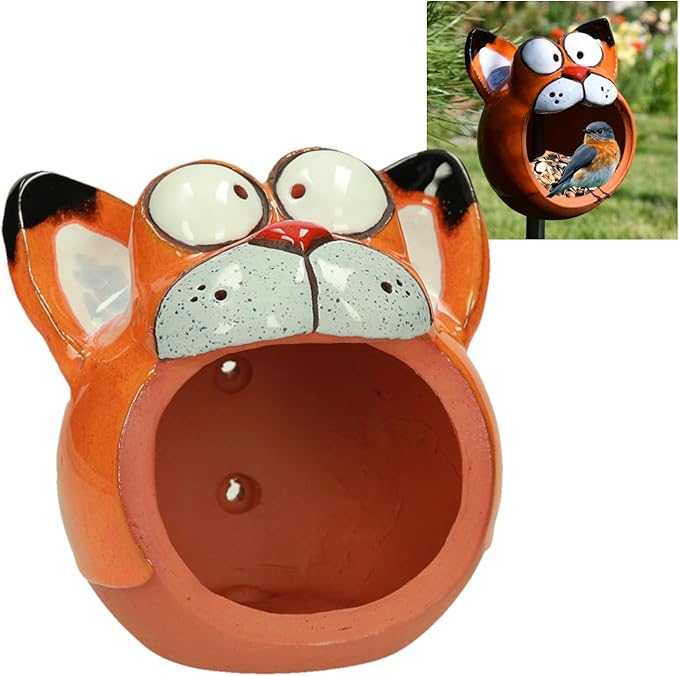 Ceramic Garden Decor - Cat Lawn Stake - Bird Feeder - Outdoor Statue - Perfect, Unique Gifts for Gardeners Woman, Men - Handmade, Frostproof