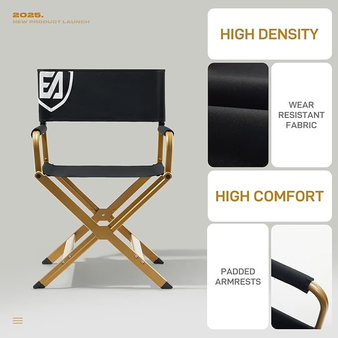 EVER ADVANCED Aluminum Directors Chair, Folding Studio Movie Chairs Camping Event Vendor Chair, 19" Seat Height Black Fabric/Golden Frame, Support 350lbs