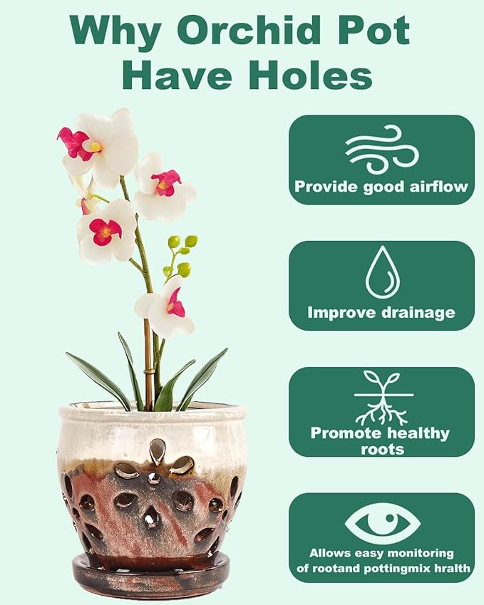 vensovo 5 Inch Ceramic Orchid Pots with Holes and Saucers - 1 Pcs Small Succulent Pot for Repotting, Garden Flowerpots for Plants Indoor and Outdoor Promotes Air Circulation, Brown Mixed