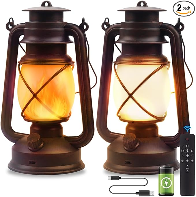 Lantern LED Battery Powered Camping Lamp Outdoor Hanging Lantern Flickering Flame Rechargeable Retro Lanterns Remote Control 4 Modes Light Non-Solar 2 Pack