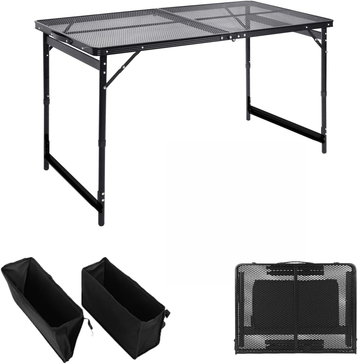 Grill Table 4FT Camping Table with 7/15 L Storage Bag 3 Height Adjustable Picnic Table Foldable Folding Portable Stand Mesh Outdoor BBQ