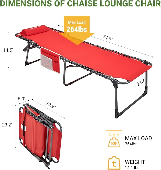 #WEJOY Outdoor Folding Chaise Lounge Chair for Outside, Patio, Beach, Poolside, Sunbathing, Adjustable 5-Position Reclining Chairs, Heavy Duty Camping Cot with Shoulder Strap and Pillow, Red
