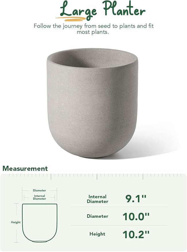 LE TAUCI 10 Inch Plant Pot, Ceramic Pots for Plants with Drainage Hole and Rubber Plug, Plant Pots Indoor for Home Garden Patio Office, Cylinder Flower Planter Pot, Neutral Gray