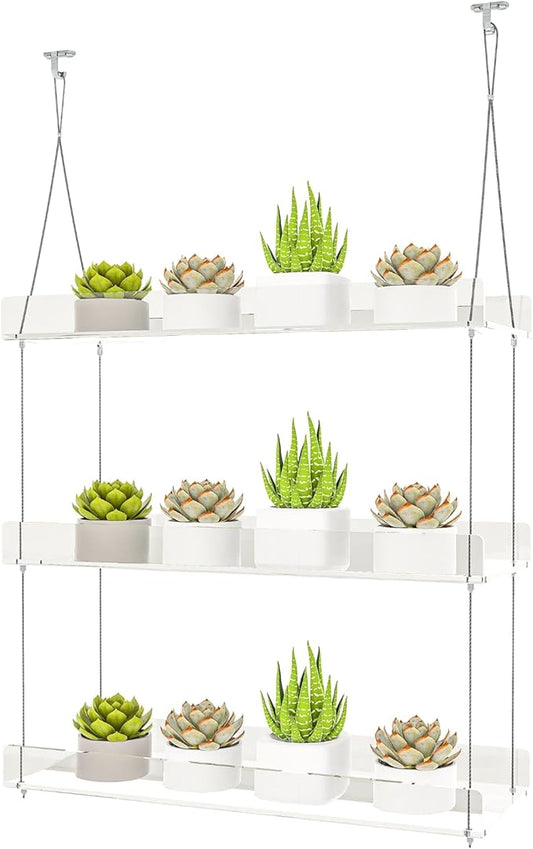 Hanging Clear Window Plant Shelves, Height Adjustable Acrylic Window Plant Hanger, 3-Tier Sturdy Window Sill Plant Shelf for Indoor Window Grow Herbs, Succulents, Flower