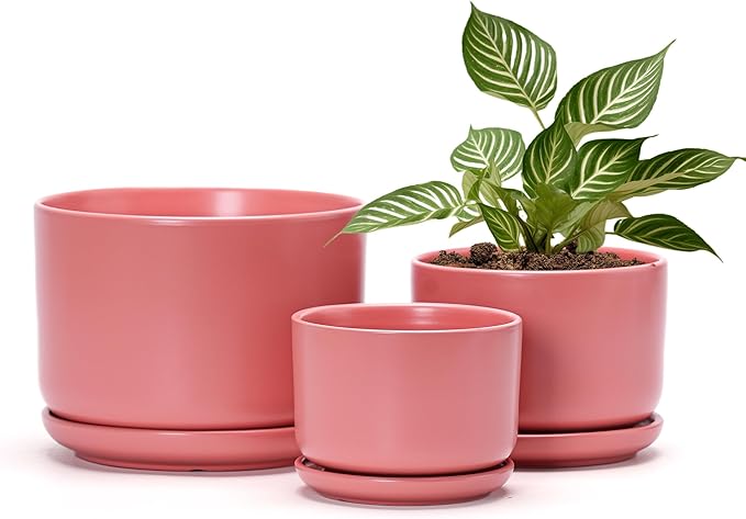 Ton Sin Plant Pots, 4.1+5.1+6.5 inch, Set of 3, Ceramic Planters with Drainage Hole and Saucer, Indoor Flower Pot with Hole Mesh Pad, Gifts for Mom(Matte Orange)