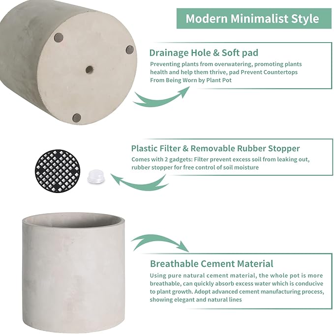 Mozing Cement Plant Pots Indoor - 14 inch Concrete Planter Pot for Planting - Modern Stone Clay Flower Pot with Drainage Hole for Garden, Home, Office Decor, Grey