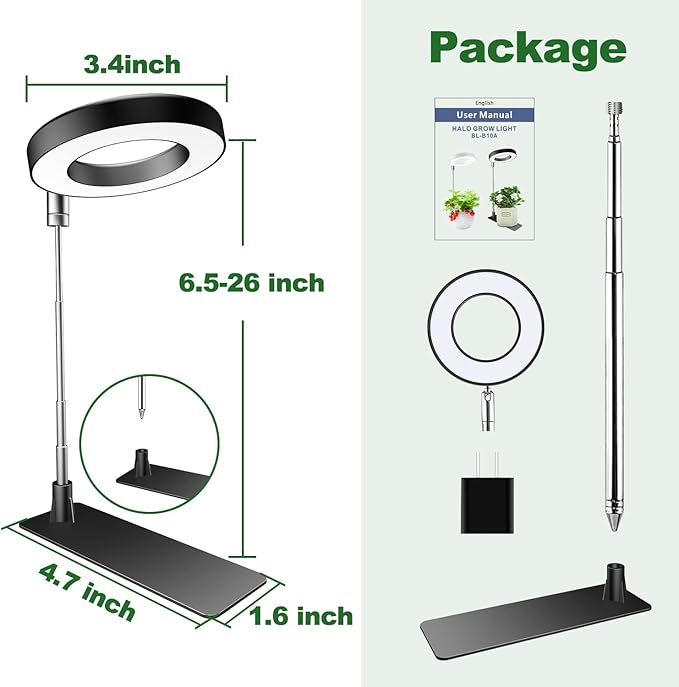 Plant Grow Lights, Full Spectrum Grow Lights for Indoor Plants, Height Adjustable Grow Lamp with Base, 3 Optional Spectrums, 3/9/12Hrs, 10 Brightness, Ideal for Small Plants, 1 Pack