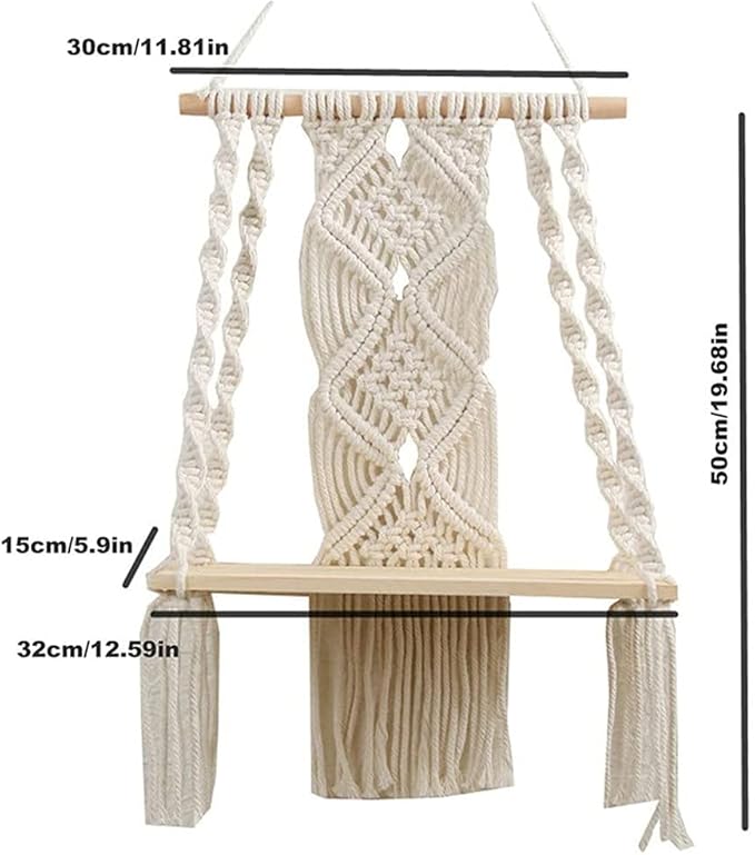Macrame Wall Hanging Plant Decor Shelf Indoor Outdoor Floating Wood shelve Decorative Hand Made Rope Boho Shelving for Plants