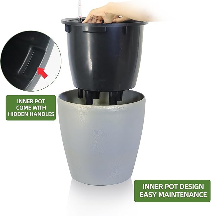 Dexceder 13x12 Self Watering Planter with Wheels Indoor Outdoor, Inner Pot Design, Thickened Large Floor Standing Flower Plant Pot with Water Level Indicator (Grey Gold Crackle)