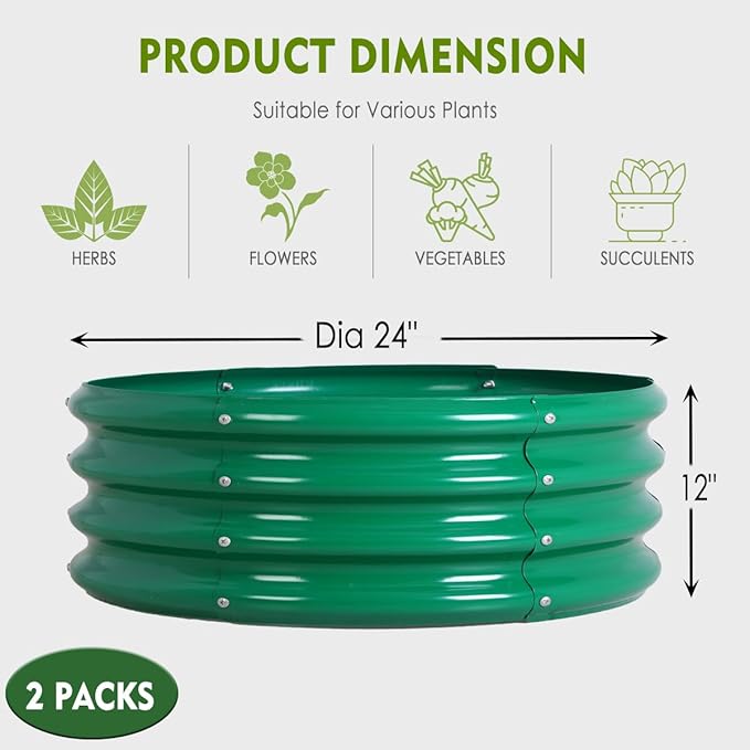 FORTUNO 2 Pcs 2 Ft Round Raised Garden Bed Box Galvanized Metal Outdoor High Flower Bed Steel Patio Ground Planter for Planting Vegetables and Herbs, Green