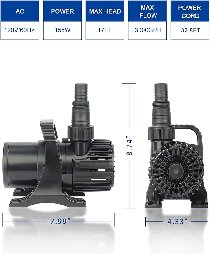 Outdoor 3000gph-155W 32.8FT Pond Water-fall & Kio Fish Fountain-s &Garden Pump Submersible IPX8: Long 32.8FT Cord Smart-er & Quieter Duck & Yard Ponds Pumps, 1 Barrier Pump Bag