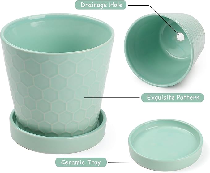 EFISPSS Ceramic Plant Pots –4”+5”+6” inch Set of 3, Planters with with Drainage Holes and Ceramic Tray, Indoor Flower Pot Gardening Home Desktop Office Windowsill Decoration Gift(Mint Green)