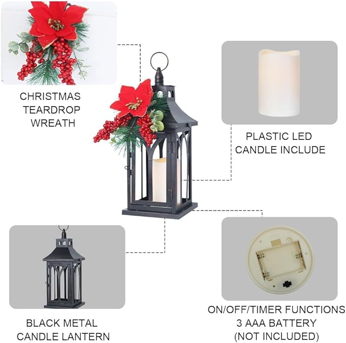 DECORKEY Decorations for Home, Decorative Led Candle Lantern Indoor Outdoor Decor, Metal Hanging Candle Holder with Xmas Teardrop Wreath and LED Candle for Table Centerpieces, Patio (Black)