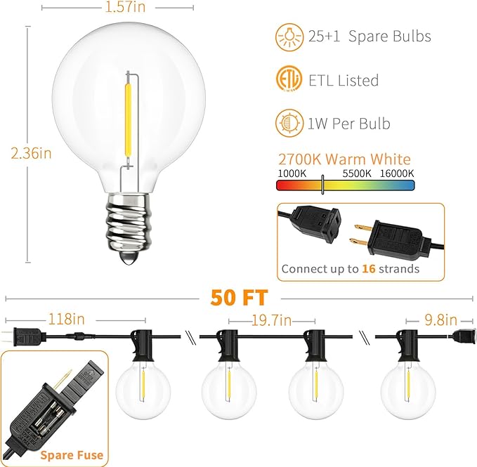 Svater Outdoor String Lights 50 FT, Patio LED Lights Outside with 26pcs Bulbs, Waterproof Shatterproof Hanging Globe Light Connectable for Bistro Cafe Backyard Balcony Warm White