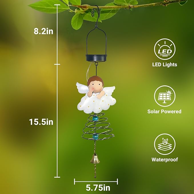Solar Garden Decor for Outside, Solar Lanterns Outdoor Waterproof, Angel Lamp Hanging Light for Porch Decoration, Yard Art, Unique Wind Chimes Gift for Women Mom Grandma