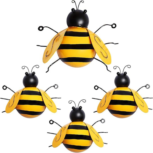 MorTime 4 Pack Metal Bee Wall Art Sculptures Garden Decorations, Hanging Bee Wall Decor Indoor Outdoor Garden Yard Lawn Decor